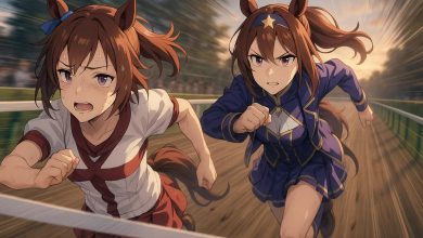 An image from an Umamusume race showing a fast character looking exhausted as she is overtaken by a more resilient opponent right before the finish line.