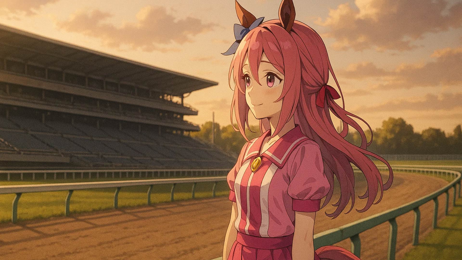 An emotional image of the Umamusume character Haru Urara standing alone on a racetrack, reflecting her real-life story of perseverance despite never winning a race.